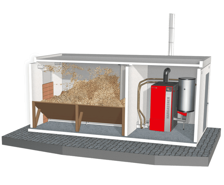 Eistock-Heizmodul mit Pelletheizung und Lagerraum | Hargassner