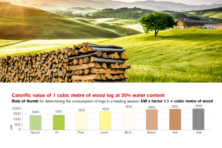 Info graph Calorific value of 1 Cubic meter of wood log | Hargassner