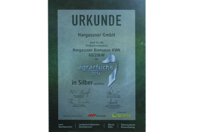 Auszeichnung Agrarfuchs 2016 Urkunde | Hargassner