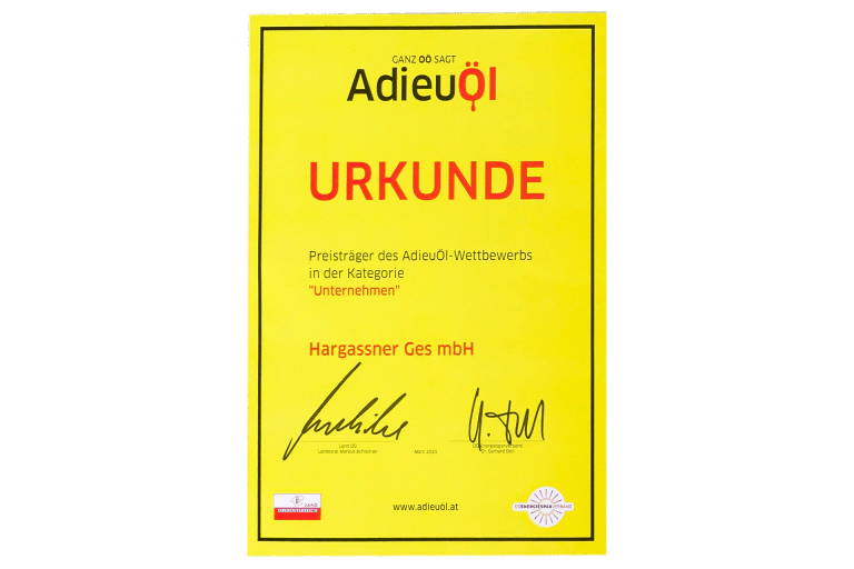 Auszeichnung AdieuÖl 2020 Urkunde | Hargassner