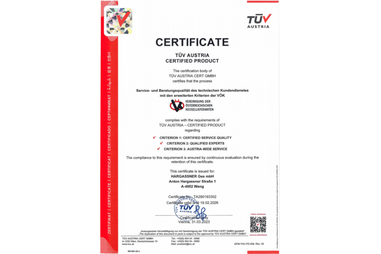 TÜV AUSTRIA certificate for Hargassner customer service | Hargassner