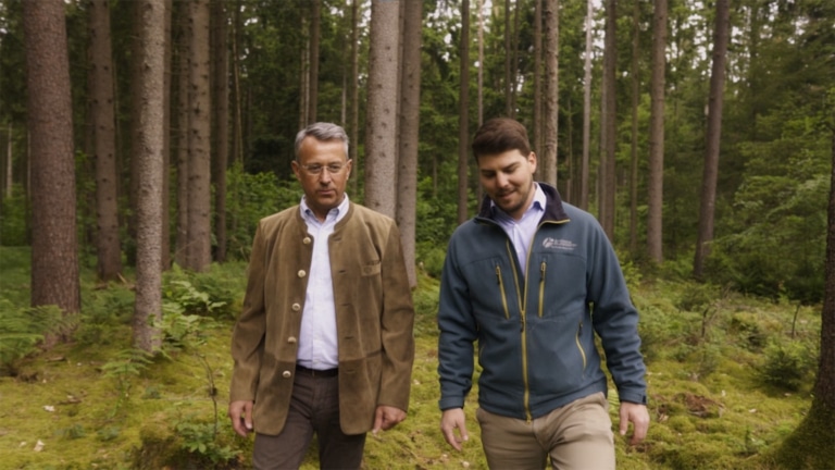 Professor Dr. Hubert Röder und Georg Dischner wandern durch einen Wald | Hargassner