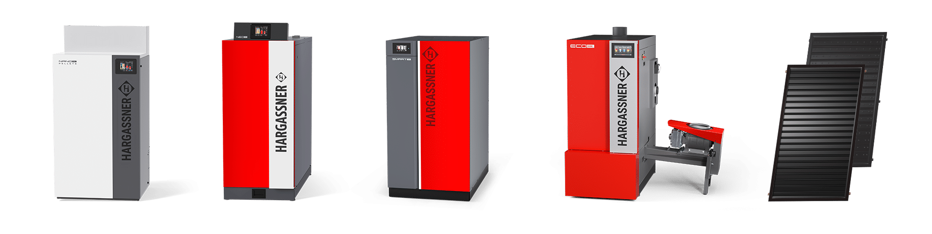 Gamme de produits Hargassner : chauffages à pellets, à bûches, combinés, à plaquettes, installations solaires