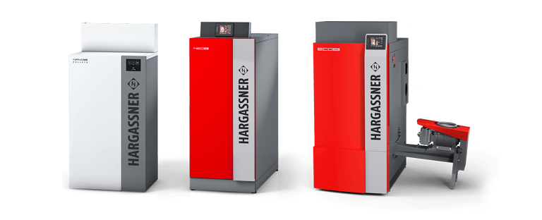 Pellet- , Wood-log and Wood chip boiler by HARGASSNER in a row