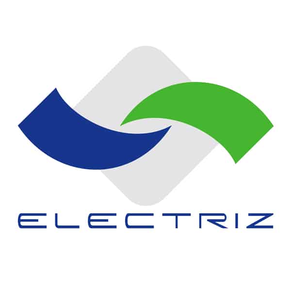 Logotipo curvo verde y azul con las letras de la empresa ELECTRIZ