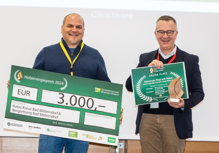 Christoph Prüller und Aichinger Wolfgang auf der Bühne vor weißer Wand mit dem Preischeck und der Holzenergiepreis-Trophäe