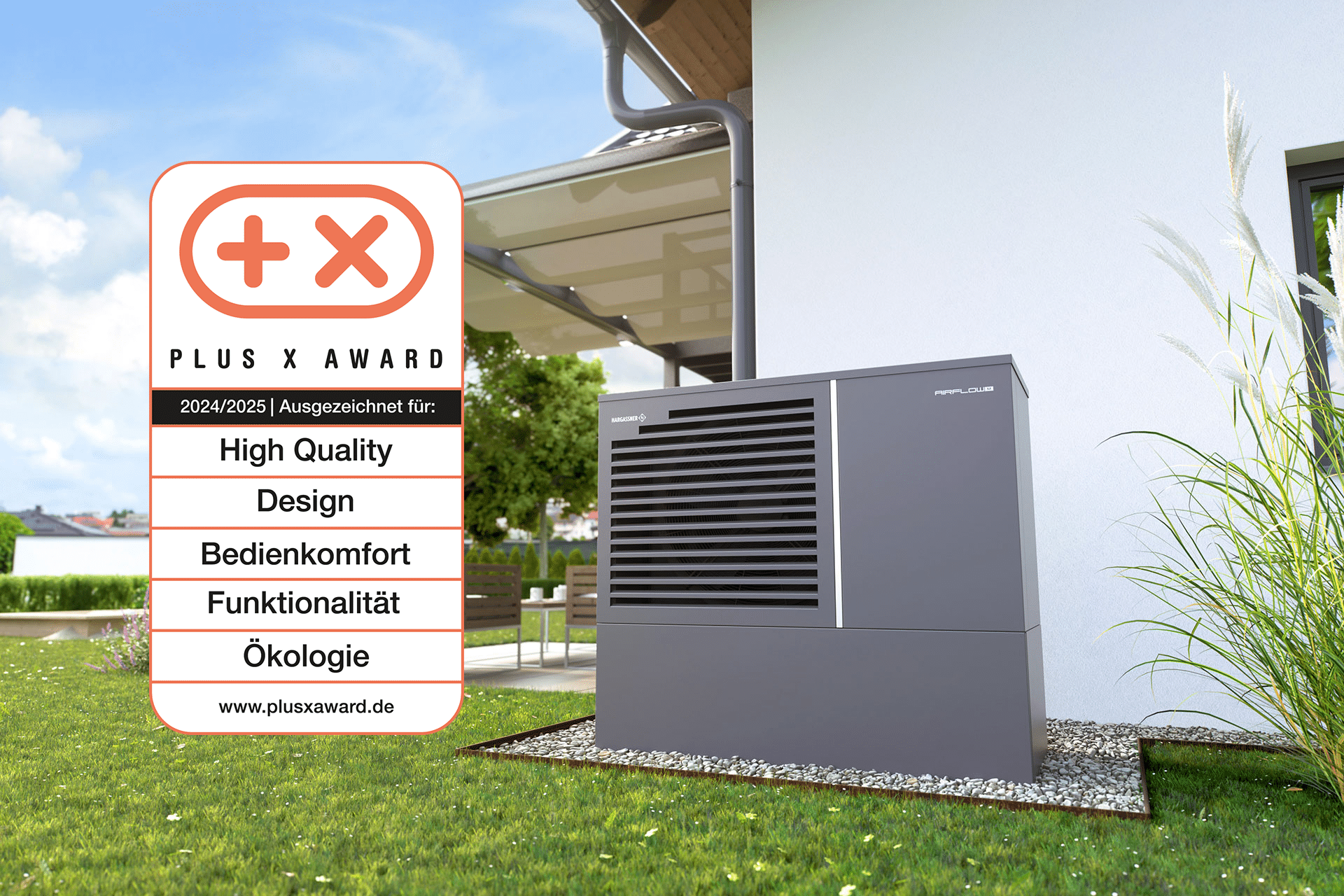 Plus X Award für Hargassner Luft-/Wasser-Wärmepumpe Airflow-M für High Quality, Design, Bedienkomfort, Funktionalität und Ökologie