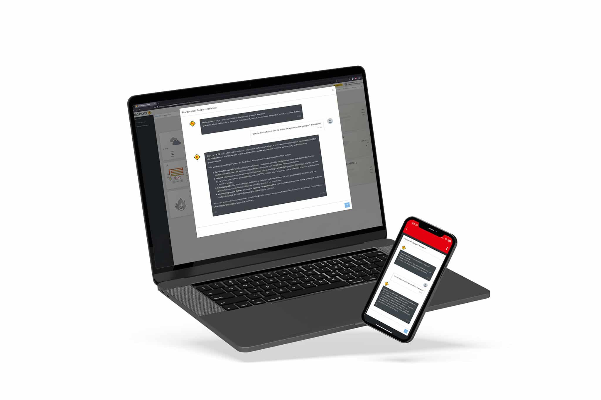 Beispielhafte Darstellung eines Chats mit dem Hargassner KI Support-Assistenten Hargy auf einem Laptop und einem Handy