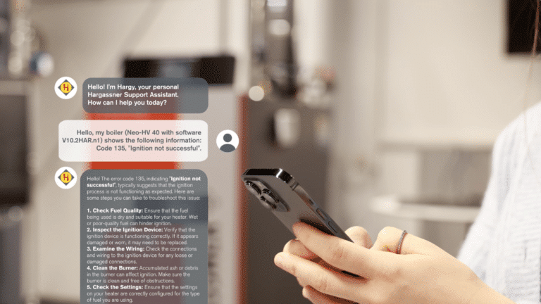 Illustration of a chat with Hargy, Hargassner's AI support assistant, woman holding a mobile phone, the chat for an error code is displayed on the left