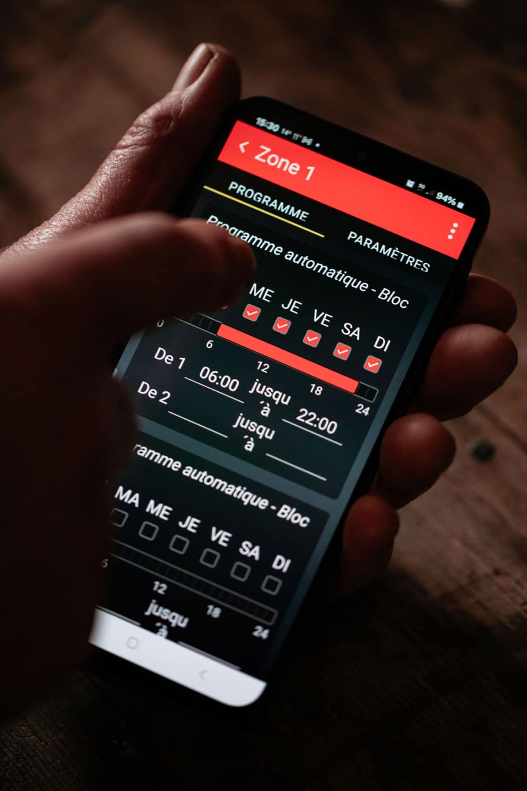 paramétrage de la chaudière via l'application mobile