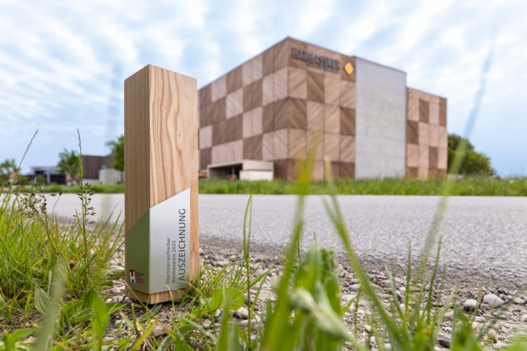 Le trophée du prix de la construction en bois de Haute-Autriche 2025 avec le parking en bois Hargassner en arrière-plan