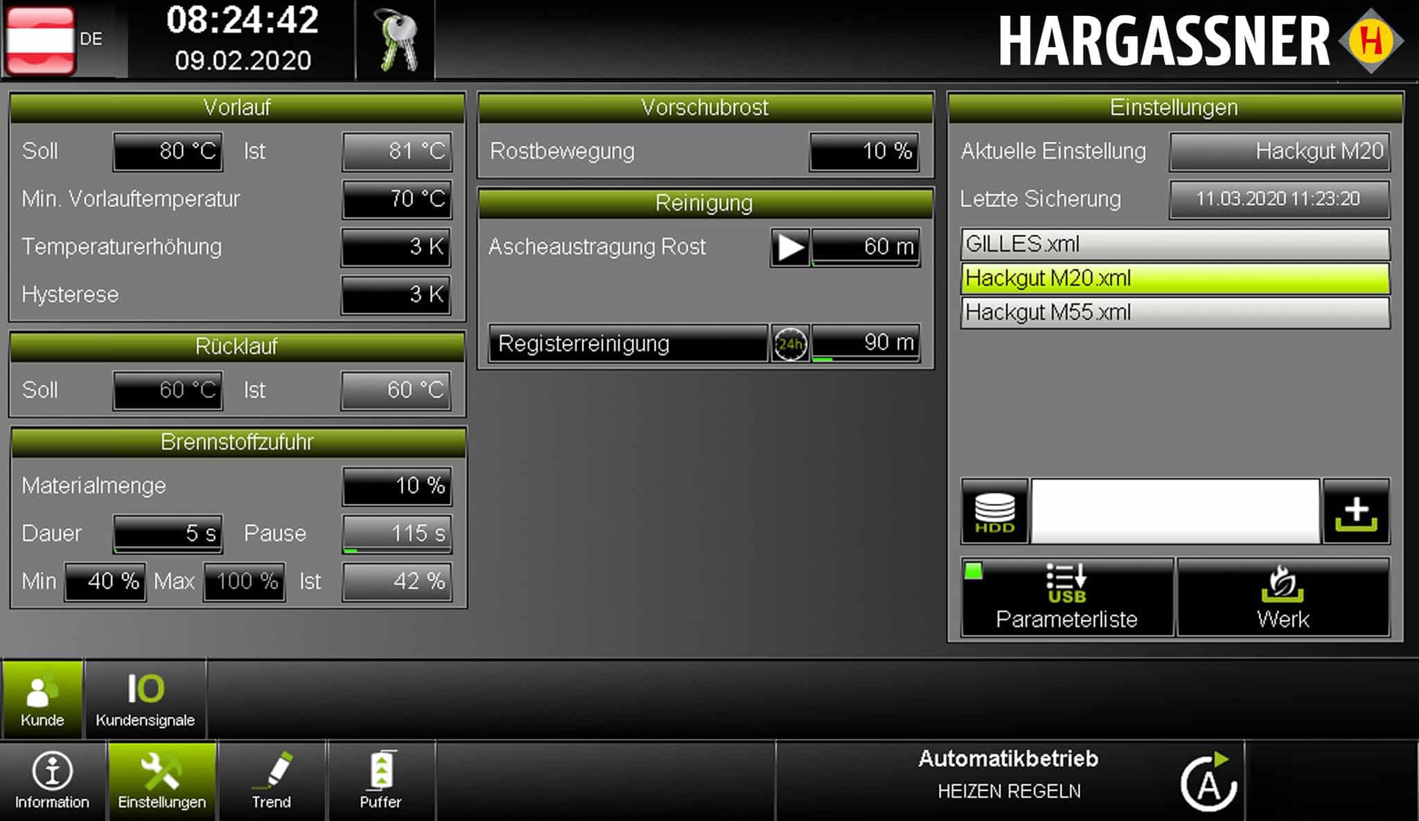 Réglages des paramètres | Régulation Touch Industry HARGASSNER