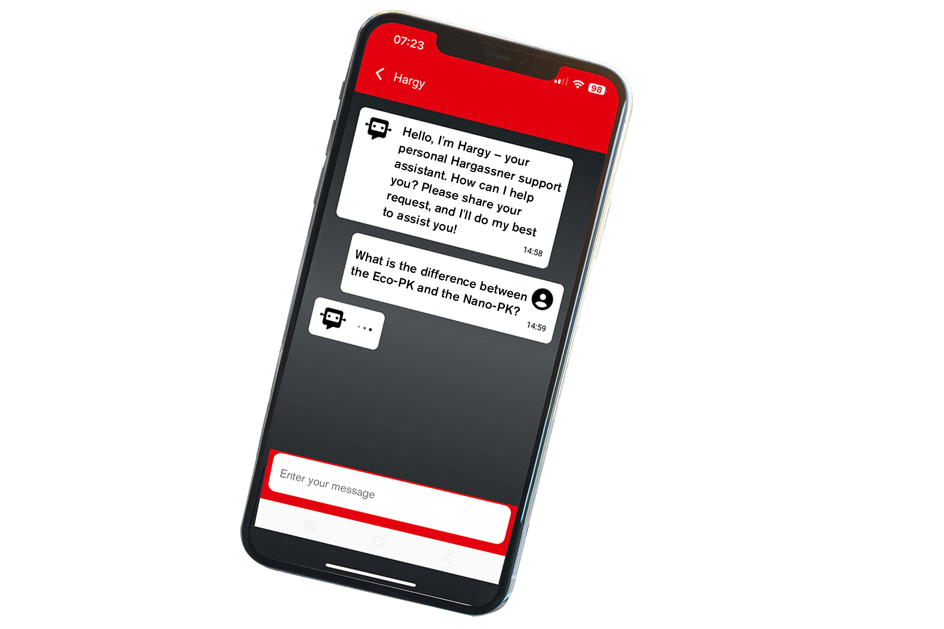 A smartphone displaying the chat history with HARGY