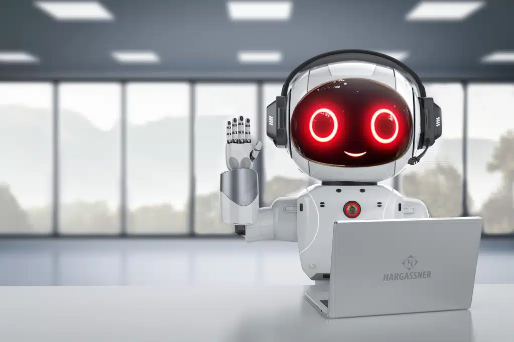 Ein lachender Roboter vor einem Hargassner-Laptop als Metapher für den KI Support