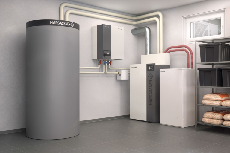 Hybridheizung mit Pelletkessel Nano-PK und Wärmepumpe Airflow M im Keller