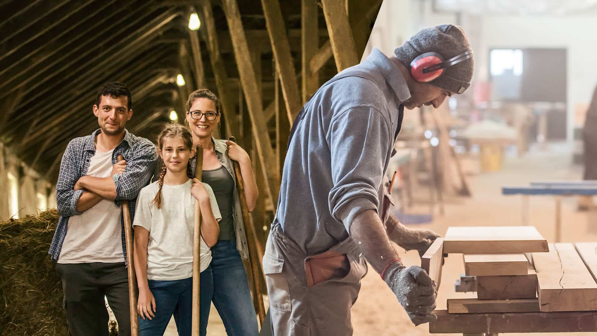 Fotocollage Bauernfamilie im Stall und Schreiner bei der Holzverarbeitung