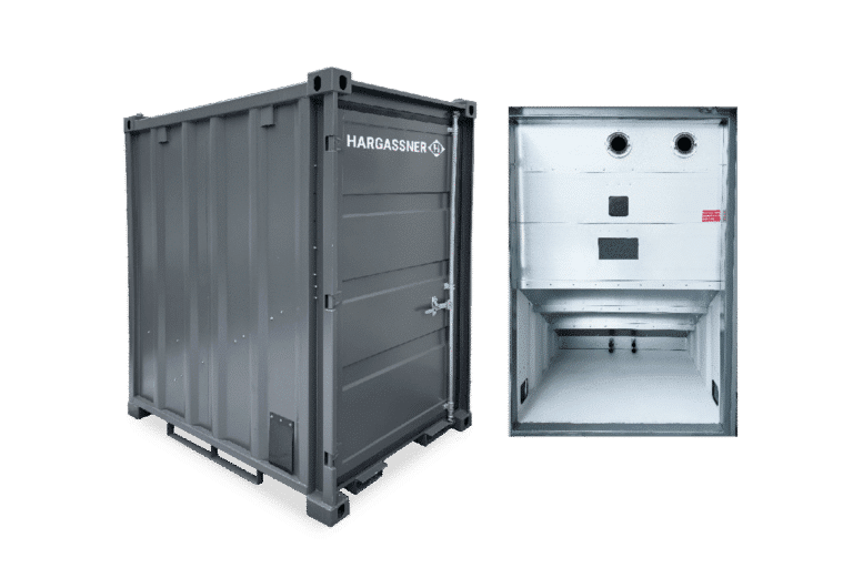 Vue intérieure et extérieure du conteneur de stockage de granulés de 5 pieds de Hargassner