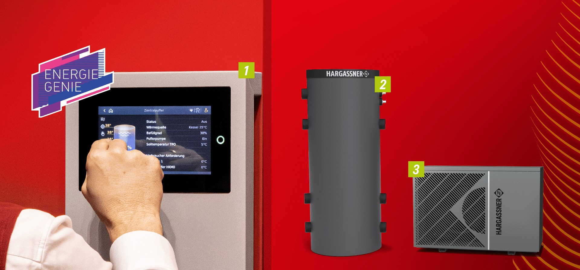Darstellung des Hargassner Hybrid-Pakets bestehend intelligenter Steuerung mit TouchPro-Display, A-effizientem Schichtspeicher und der Propan-Wärmepumpe AirPro auf rotem Hintergrund