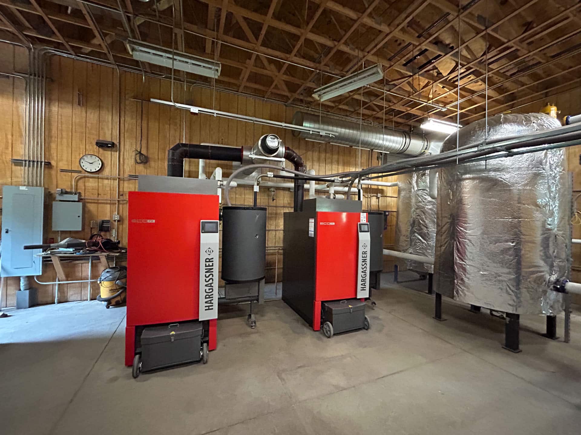 Interior view of boiler house, pellet cascade system with two Hargassner Eco-PK, Richford High School, Vermont