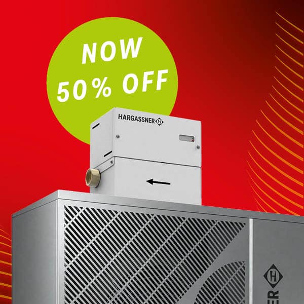 Marketing graphic: AirPro heat pump and blackout frost protection module against a red background, green button with ‘NOW 50% OFF’