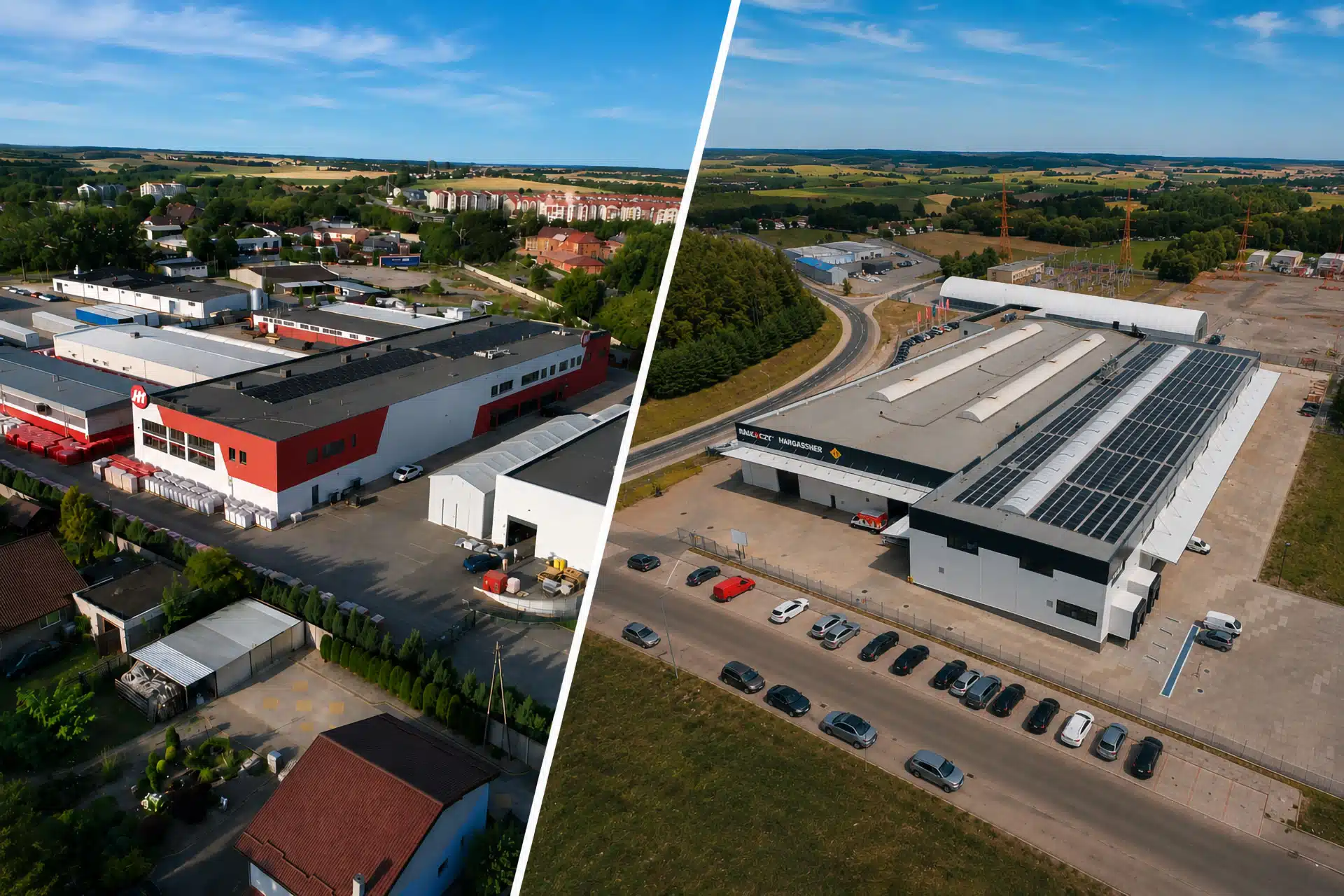 Lotniczy widok siedzib Hargassner Polska i Rakoczy-Hargassner przedstawionych w formie kolażu z ukośnym podziałem