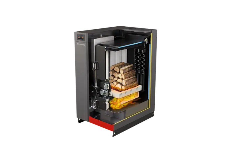 Schnittbild Smart-DUO mit Veranschaulichung der Stückholz-Heiztechnologie