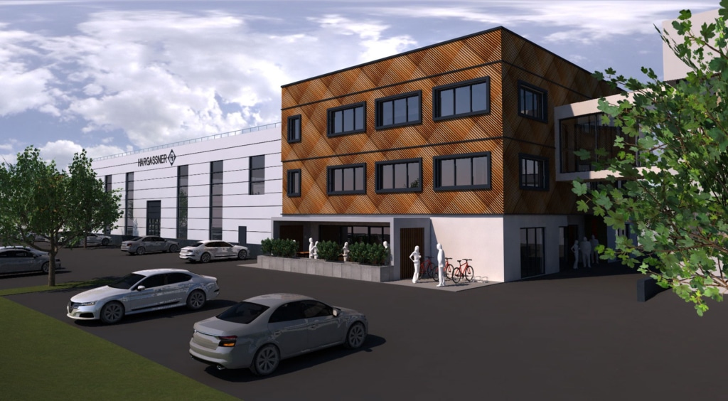 3D-Rendering vom Neubau der Hargassner Industry Geschäftsgebäude in Regau