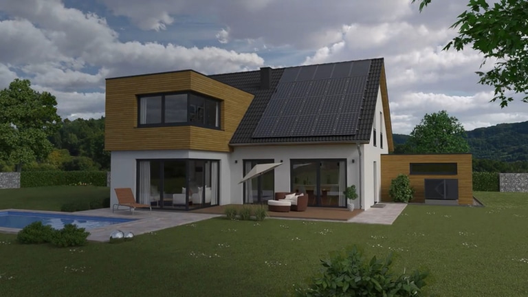 Vue extérieure d'un logement individuel moderne, avec l'unité extérieure d'une pompe à chaleur et une installation solaire et photovoltaïque – illustrant une gestion intelligente de l'énergie