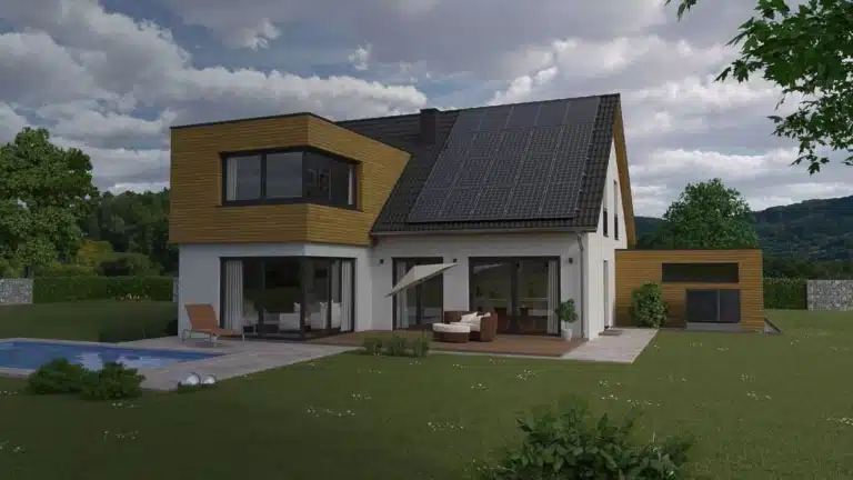 Exterior view of a modern detached house, heat pump outdoor unit, solar and PV system – illustrating smart energy management